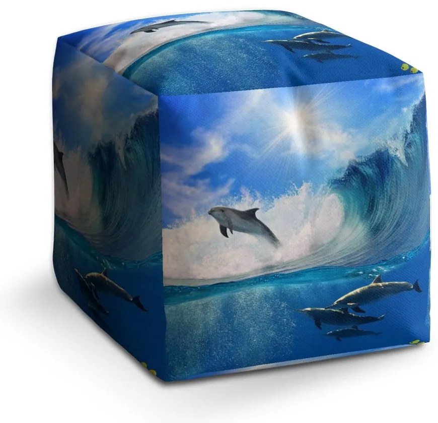 Taburet Cube delfini în valuri, albastru