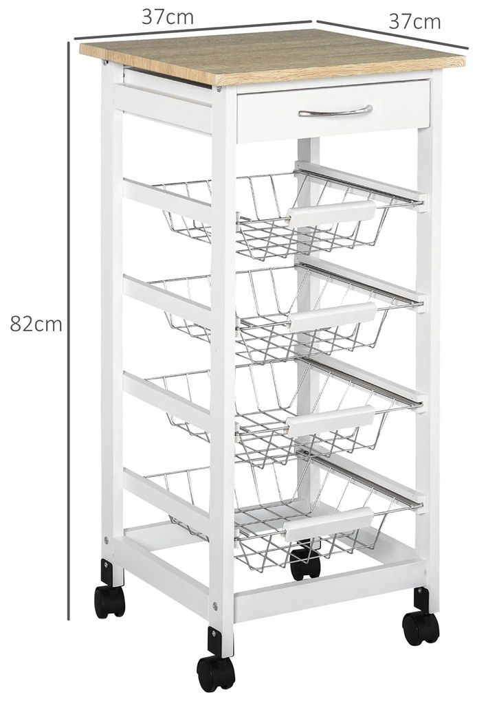 HOMCOM Cărucior de servire măsuță cu roți multi-rangements 4 coșuri metal + sertar lemn de pin 37 x 37 x 82 cm alb | Aosom Romania