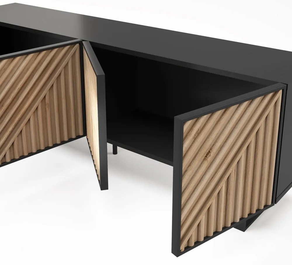 Comodă TV neagră/în culoare naturală cu aspect de lemn de stejar 161x55x35 cm Alana – Marckeric