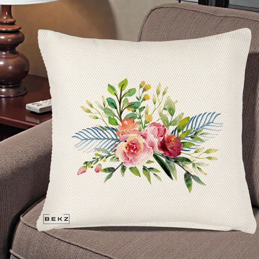 Perna Decorativa Buchet Flori Acuarela Roz-Verde, 40x40 cm, Crem Reliefat, Husa Detasabila, Perna Inclusa, BEKZ®