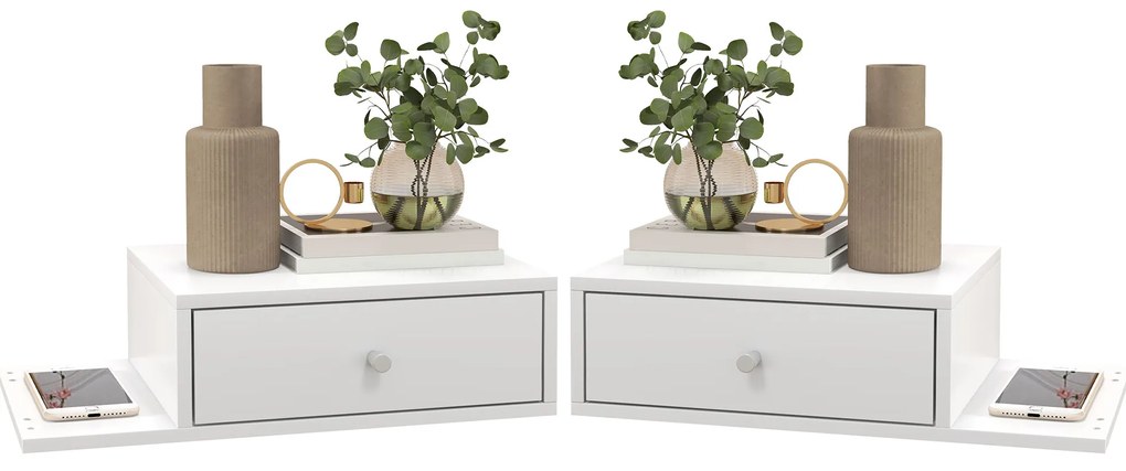 HOMCOM Set de 2 noptiere de perete - set de 2 noptiere - raft lateral și sertar - 55l x 30P x 15H cm MDF alb | Aosom Romania
