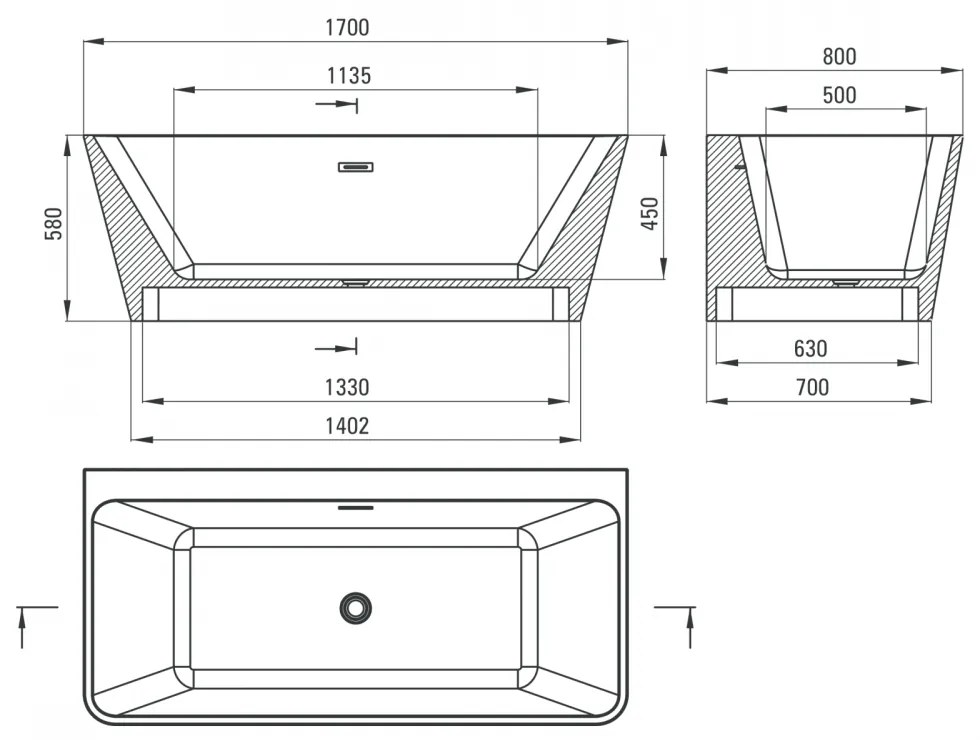 Cada baie freestanding dreptunghiulara lipita de perete 170 x 80 cm, Hiacynt, Deante 1700x800 mm