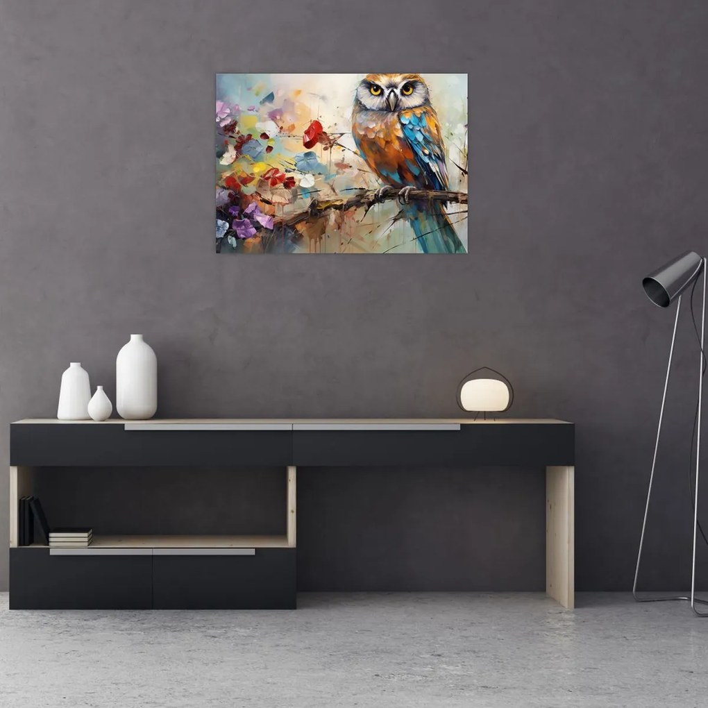Tablou pe sticlă - Bufniță pictată (70x50 cm)