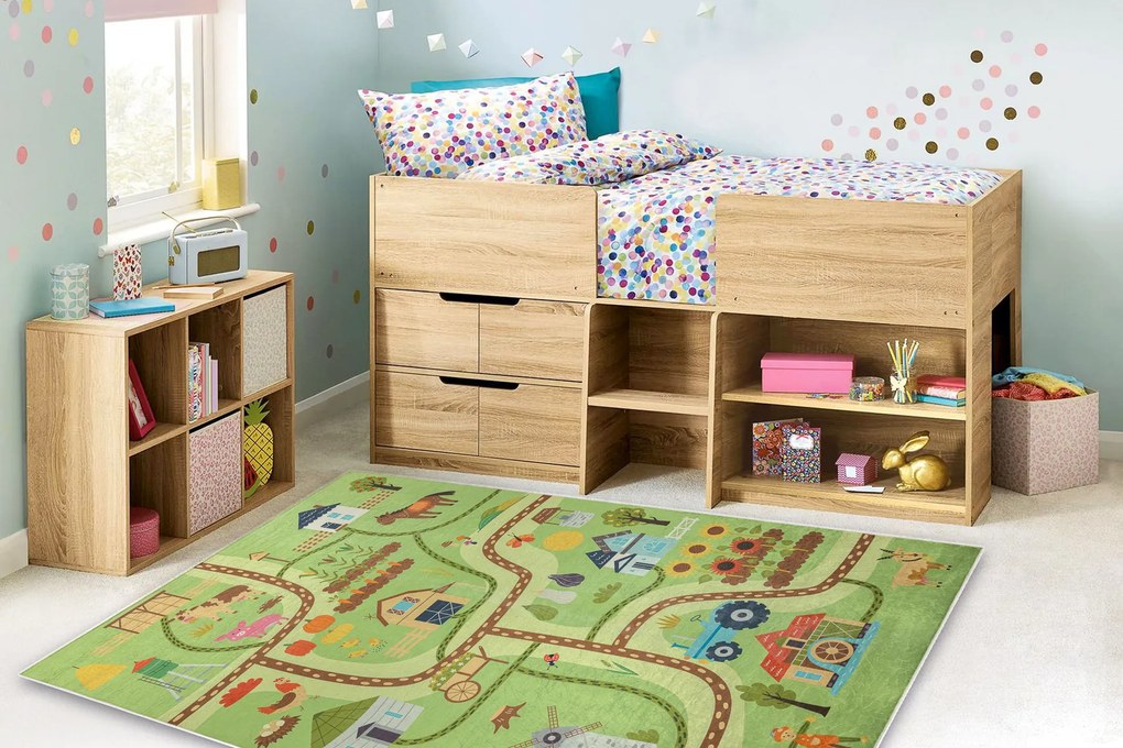 BAMBINO 50200 covor lavabil Sat, străzi pentru copii anti-alunecare - verde / maro