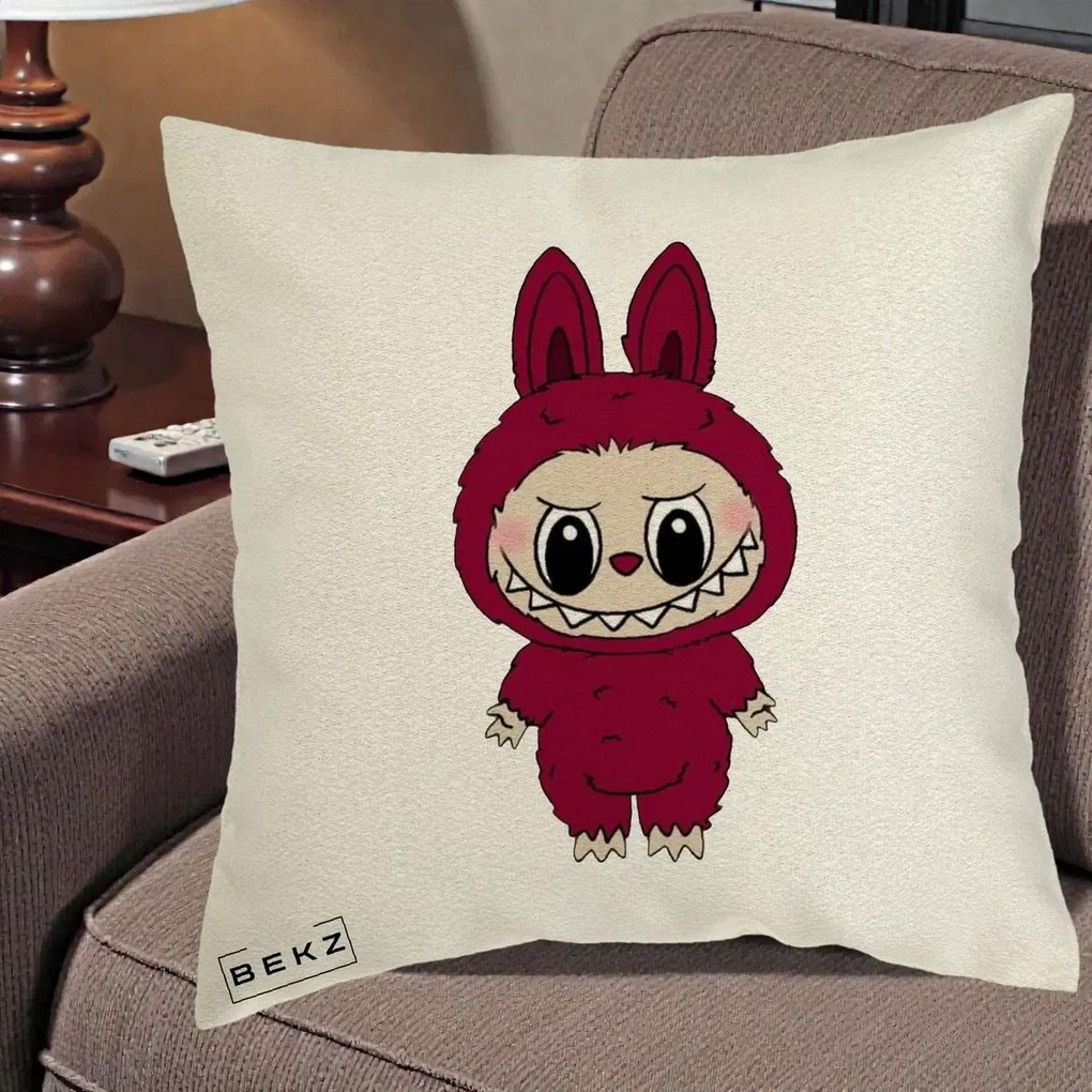 Perna Personalizata Labubu Rosu-Visiniu Solo, 40x40 cm, Ecru, Husa Detasabila, Perna Inclusa, BEKZ®