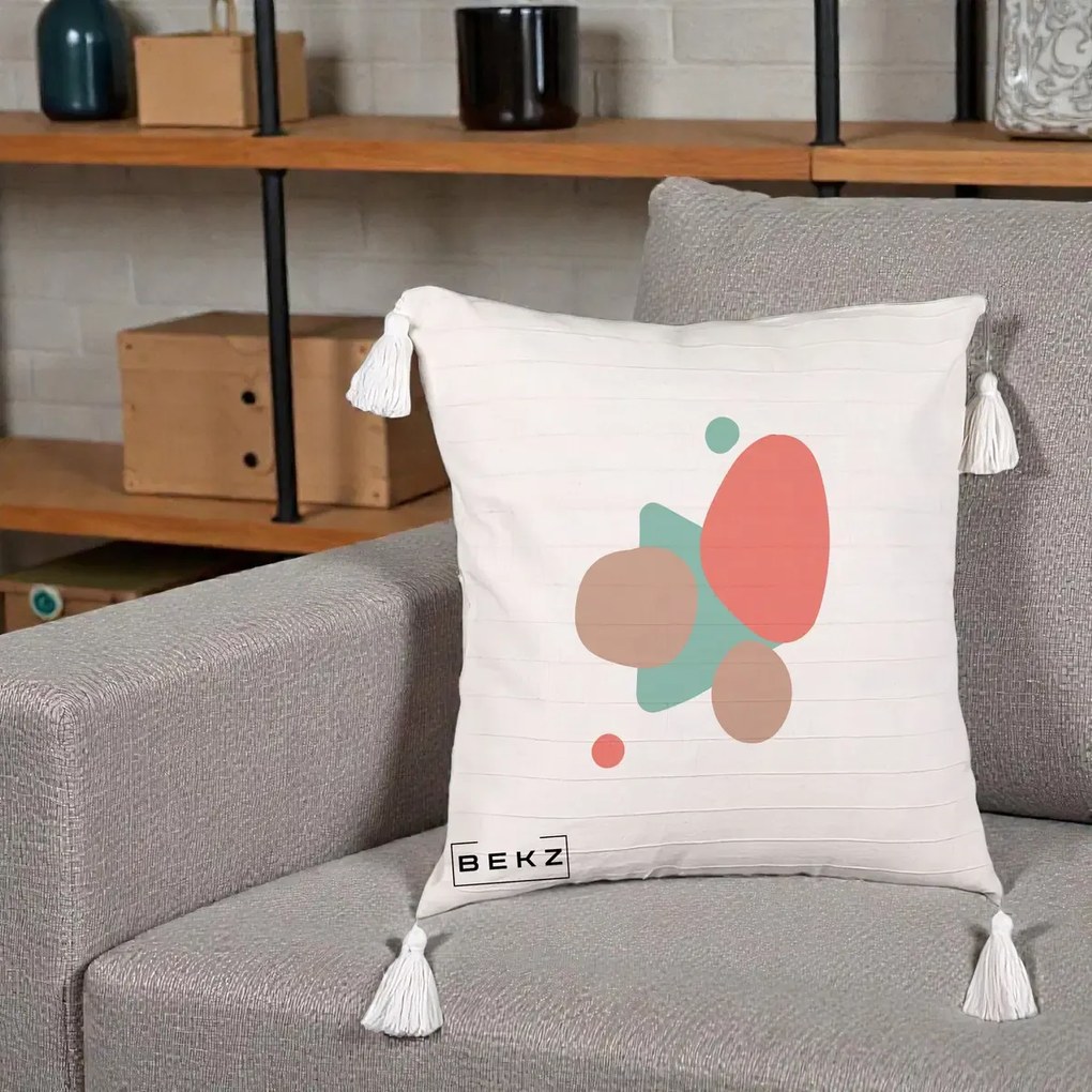 Perna Decorativa Abstract Forme Coral Turcoaz, 40x40 cm, Bej cu Franjuri, Husa Detasabila, Perna Inclusa, BEKZ®