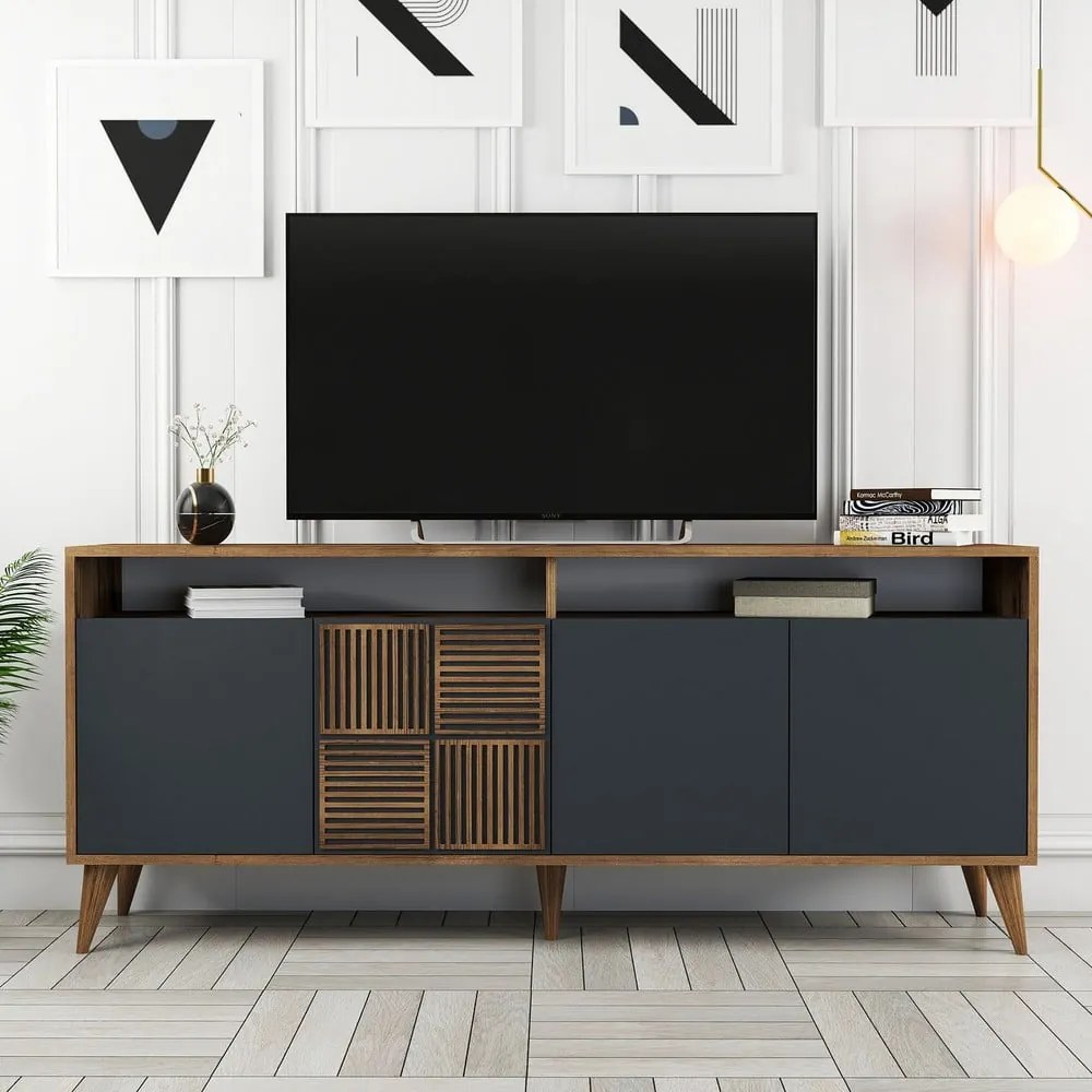 Comodă gri antracit/în culoare naturală joasă cu aspect de lemn de nuc 180x79 cm Milan – Kalune Design