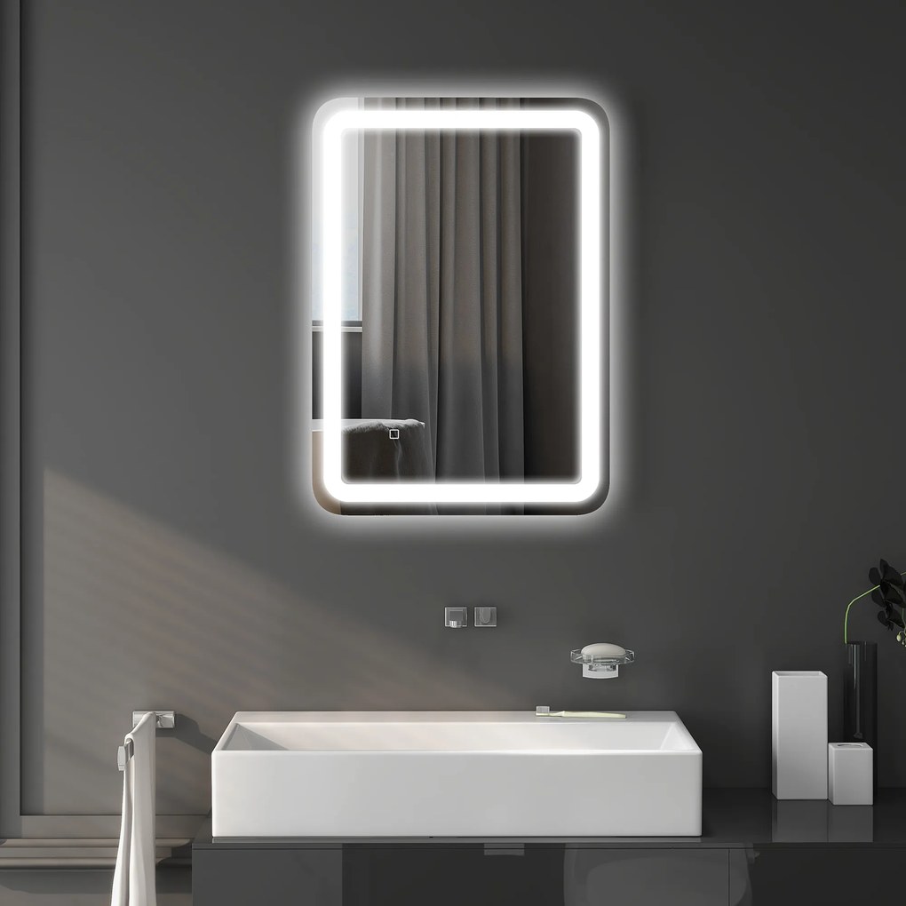 kleankin Oglindă LED, pentru Baie și Machiaj,lumina Reglabilă cu 3 Temperaturi de Culoare, Design anti-aburire, 70x50 cm, Argintiu | Aosom Romania