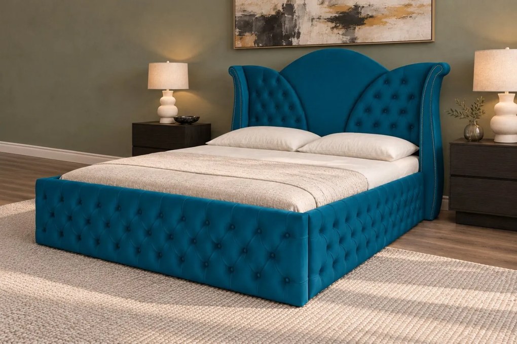 Pat tapițat Chesterfield din catifea Velora Deluxe Classic 180×200 cm, turcoaz, cu ladă de depozitare