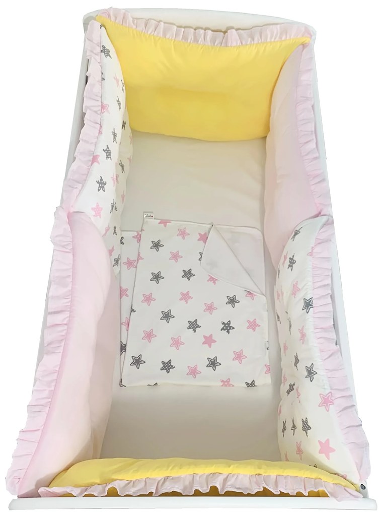 Set de 6 bucati aparatori protectii laterale patut Deseda Roz pal - Galben - Stelute roz gri