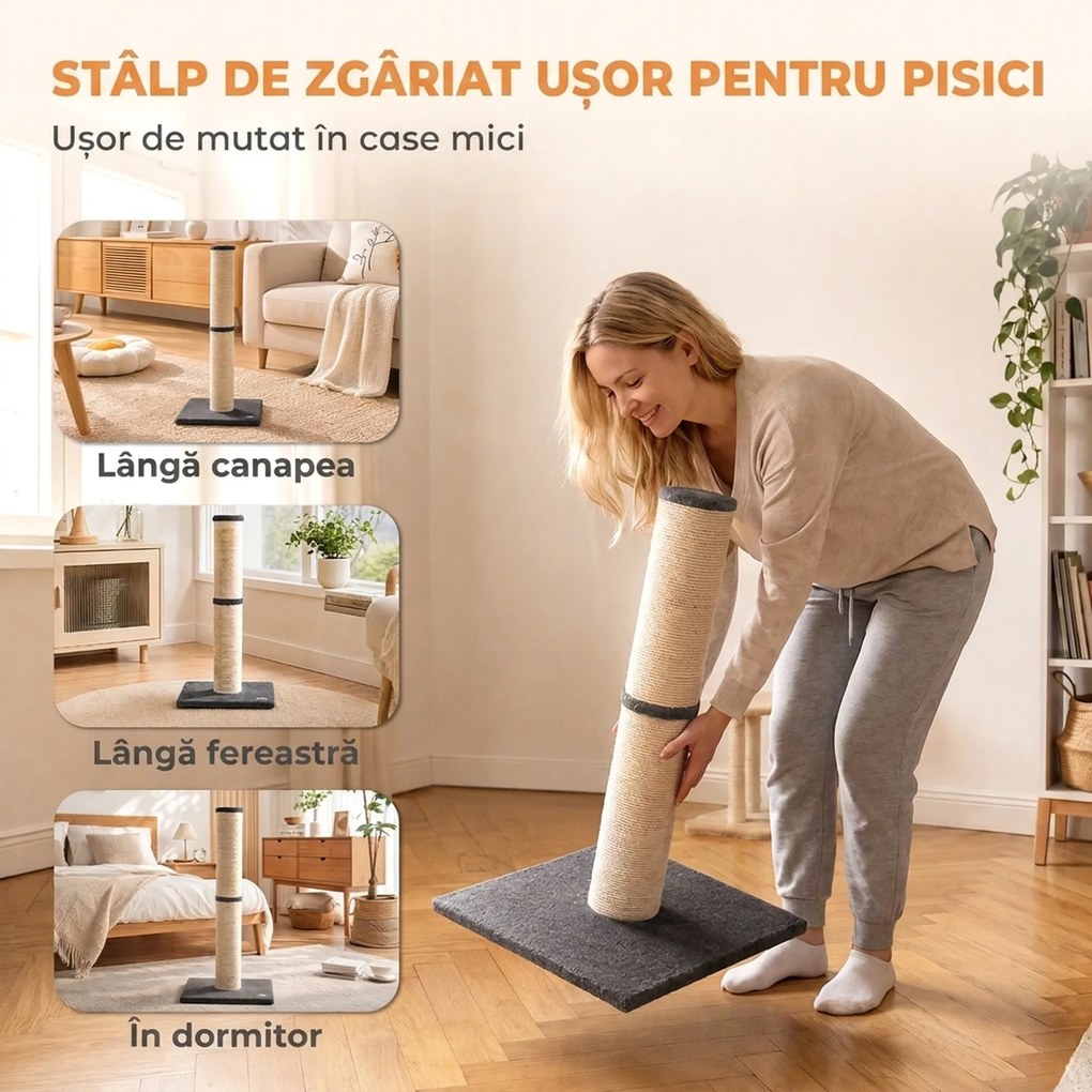 PawHut Ansamblu de Zgâriat Ușor pentru Pisici, 80 cm, cu Frânghie din Sisal, Bază din PAL și Pluș, Gri Închis | Aosom Romania