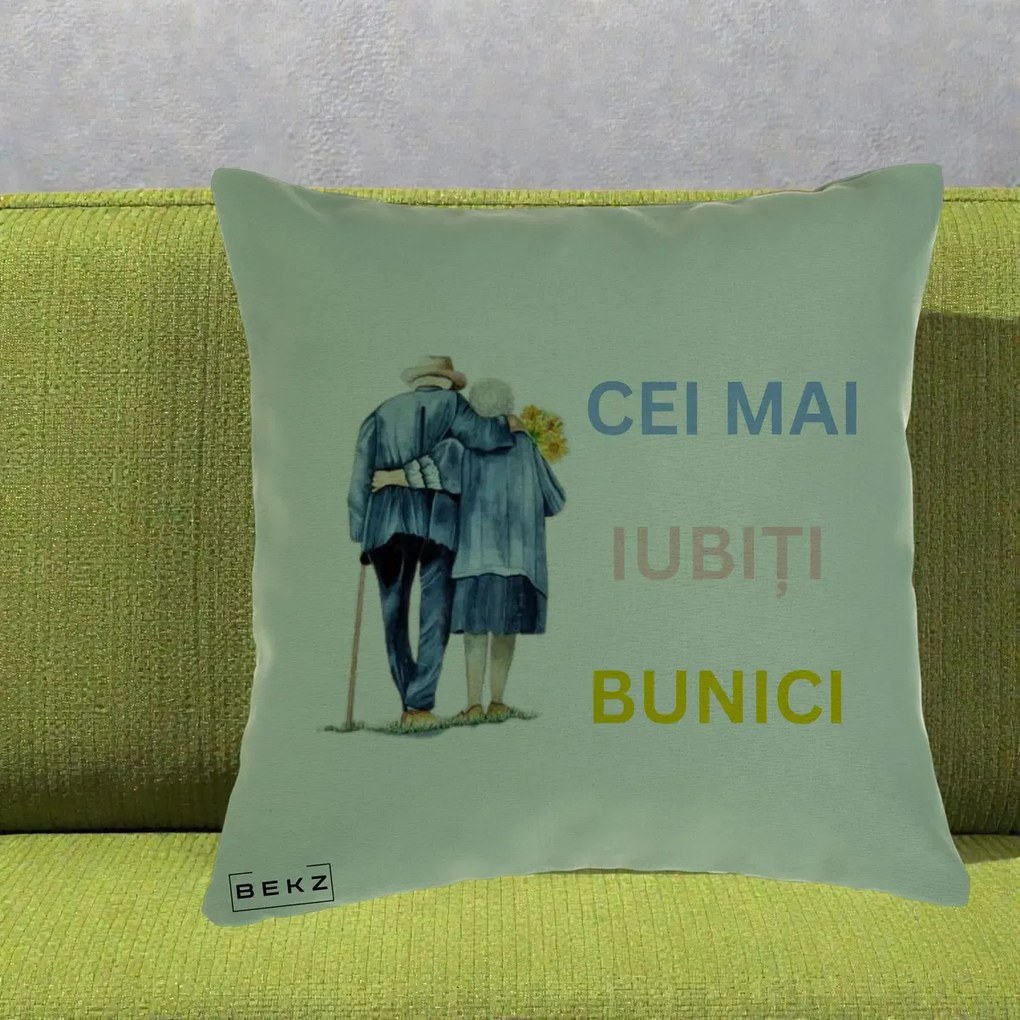 Cadou pentru Bunici - Perna Personalizata Cei Mai Iubiti Bunici Acuarela Spate, 40x40 cm, Verde, Husa Detasabila, Perna Inclusa, BEKZ®