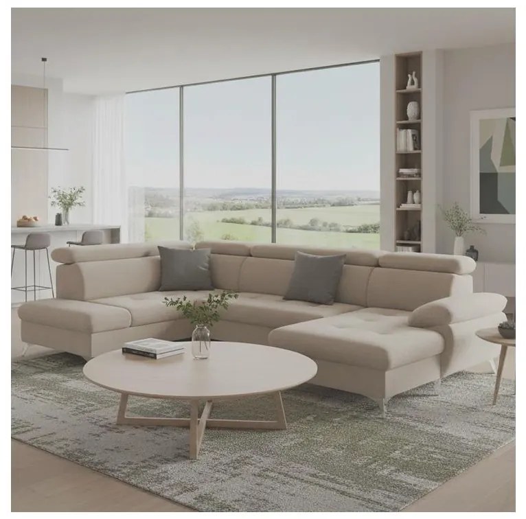 Canapea extensibilă colțar U CATANIA stânga, spațiu depozitare, bej