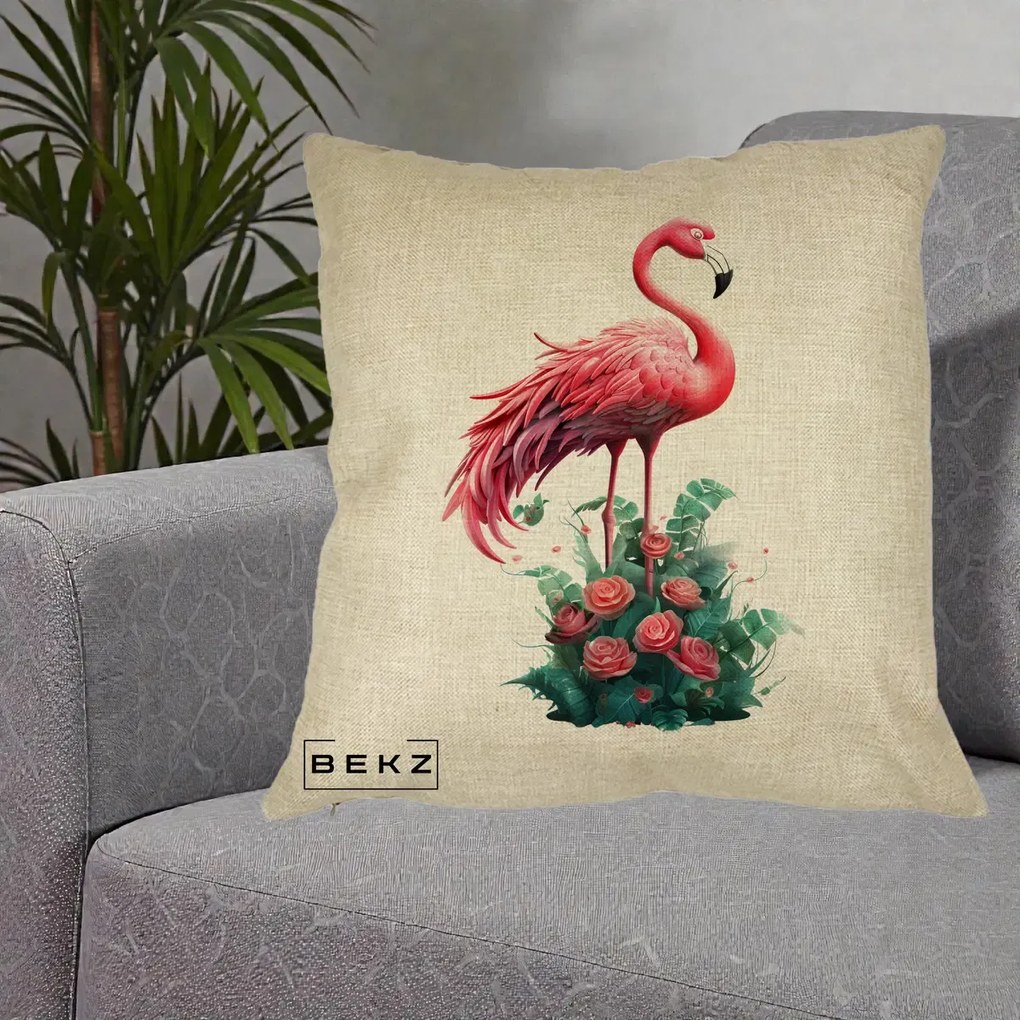 Perna Decorativa Flamingo cu Trandafiri Tropicali, 40x40 cm, Crem, Husa Detasabila, Perna Inclusa, BEKZ®