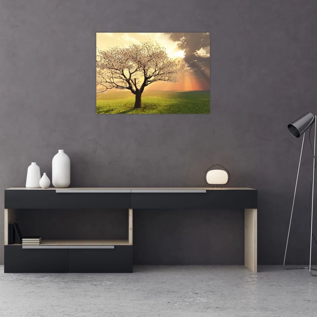 Tablou pe sticlă cu copac pe luncă (70x50 cm)