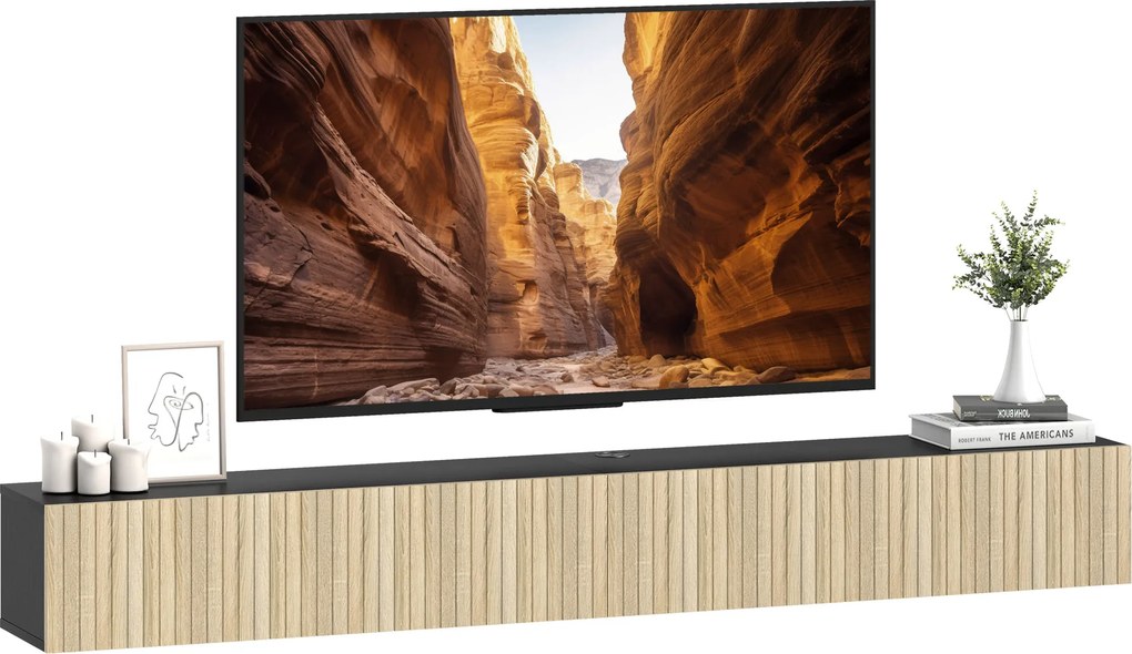 HOMCOM Comodă TV suspendată 140 cm, mobilier TV pentru televizoare 182,88 cm, 2 uși rabatabile, 140x25x22cm, lemn natural și negru | Aosom Romania