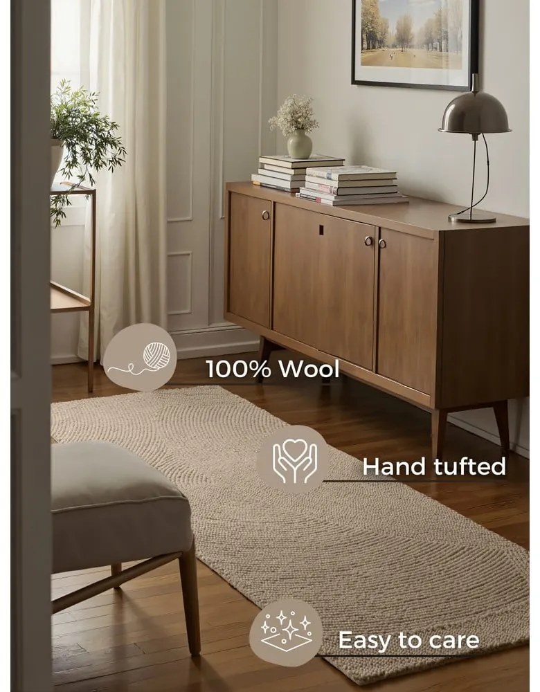 Covor tip traversă bej țesut manual din lână 80x300 cm Calmio – Hanse Home