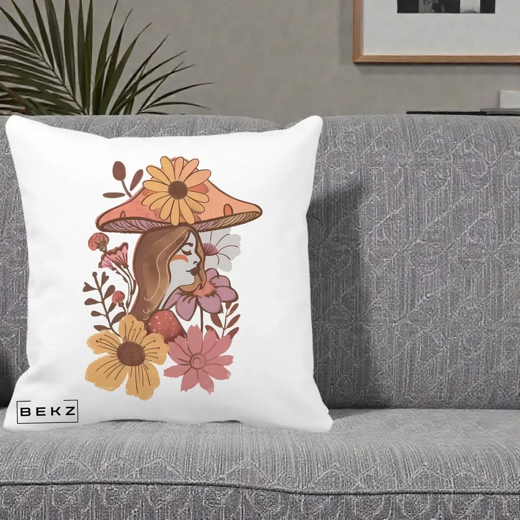 Perna Decorativa Fata Ciuperca Florala Boho, 40x40 cm, Alba Mata, Husa Detasabila, Perna Inclusa, BEKZ®