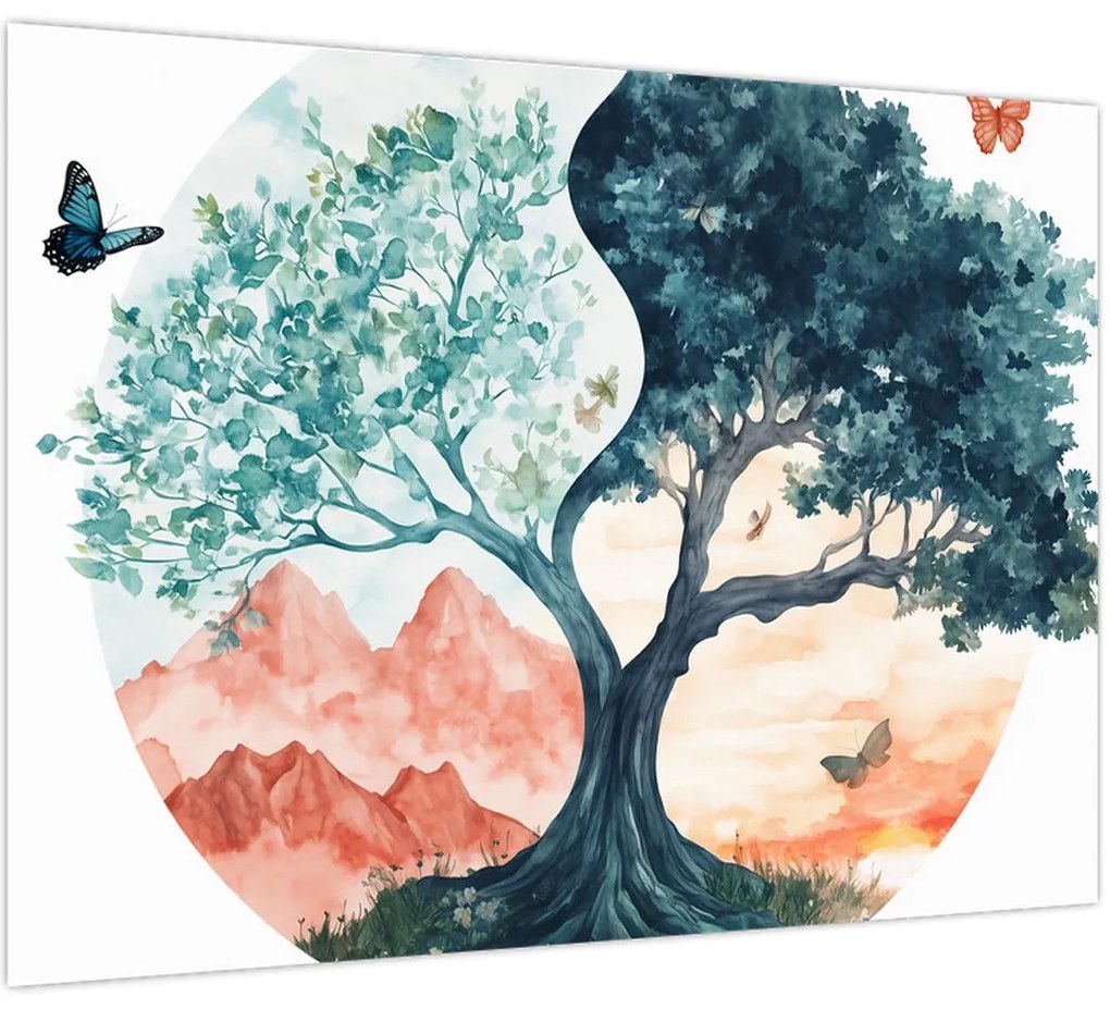Tablou pe sticlă – Arbore acvarelă plin de viață (70x50 cm)