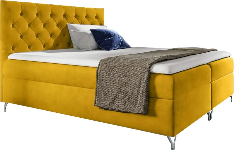 Pat cu boxspring, 200x200, velur galben, GULIETTE + cadou