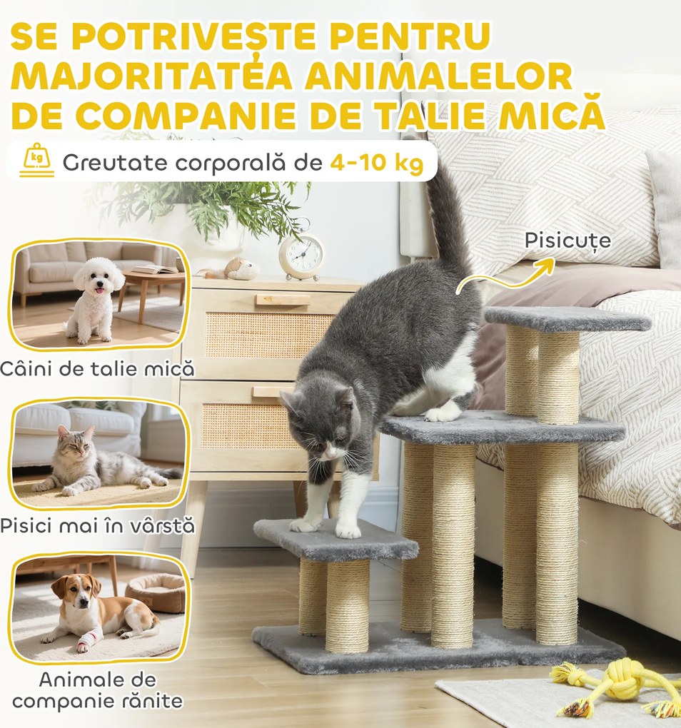 PawHut Scară pentru Câini și Pisici cu 3 Trepte din Pluș și Stâlpi Zgâriători din Sisal, Capacitate 10 kg, Gri | Aosom Romania