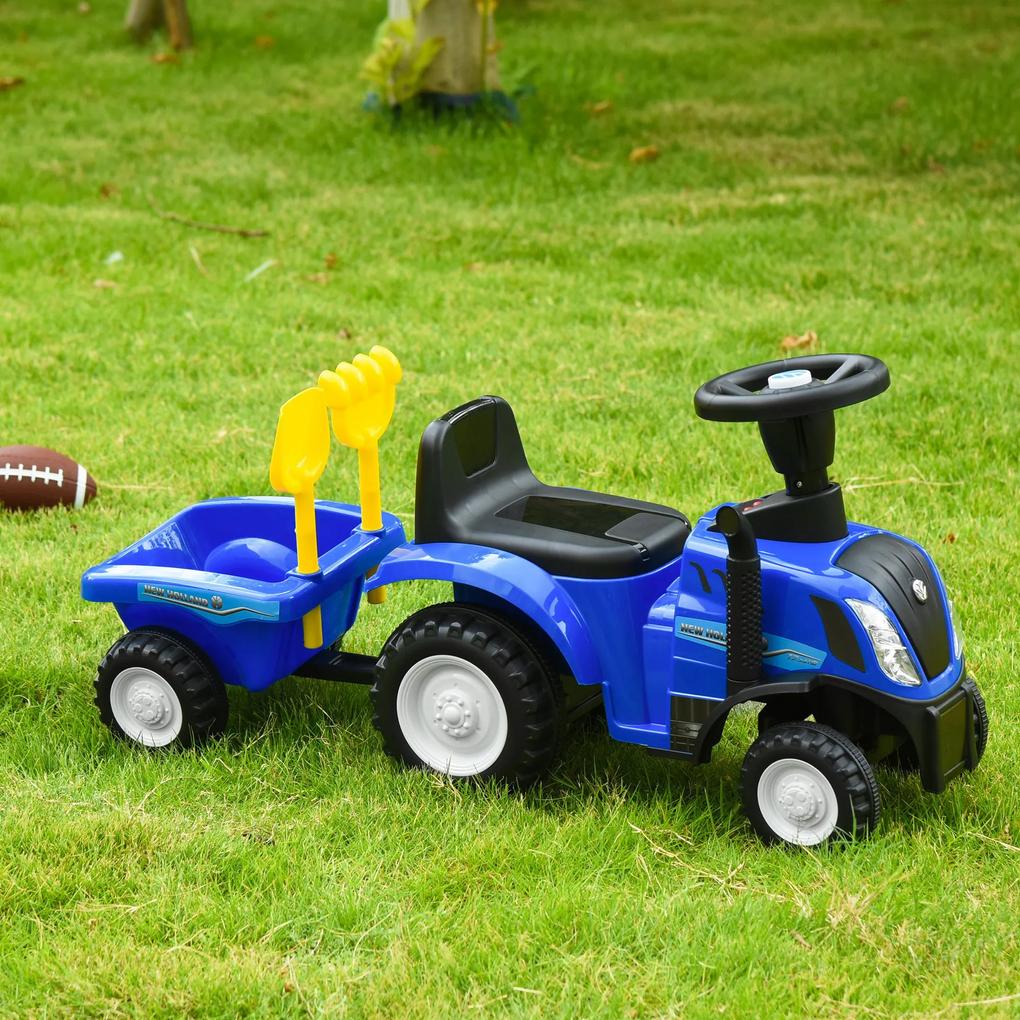 Tractor pentru Copii cu Remorca, Grebla si Lopata, 12-36 Luni, 91x29x44cm, Albastru inchis HOMCOM | Aosom RO