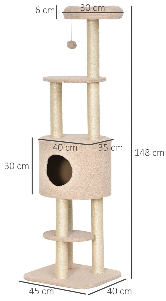 Stâlp de Zgâriat pentru Pisici PawHut, Multi-Activitate cu Cușcă și Minge Suspendată, Moale, Bej | Aosom România