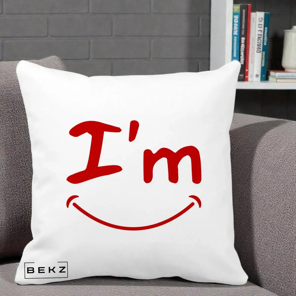 Perna Decorativa I'm Happy Smile, 40x40 cm, Alba Mata, Husa Detasabila, Perna Inclusa, BEKZ®