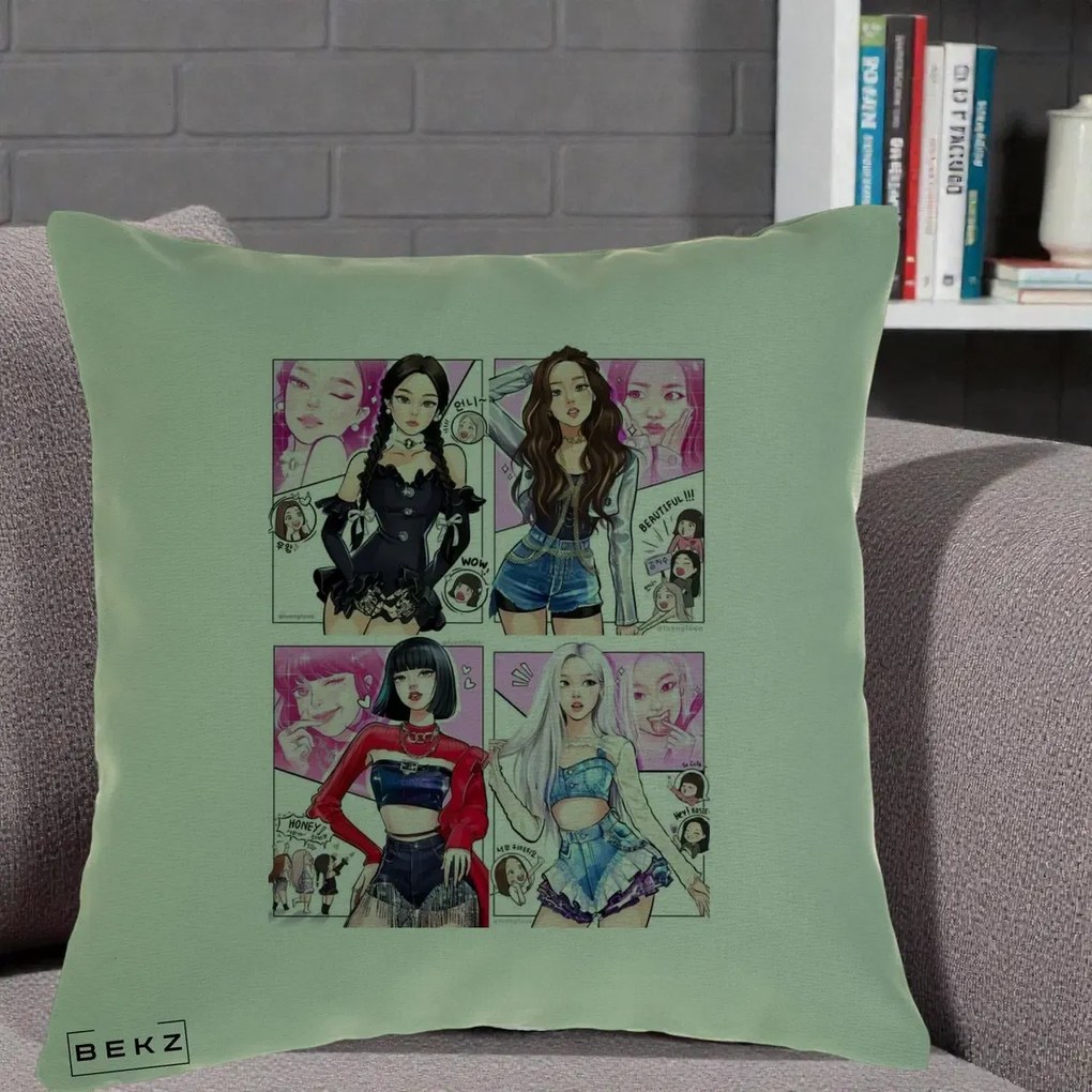 Perna Personalizata K-pop BLACKPINK Fanart Manga Benzi Desenate 4 Membre, 40x40 cm, Verde, Husa Detasabila, Perna Inclusa, BEKZ®
