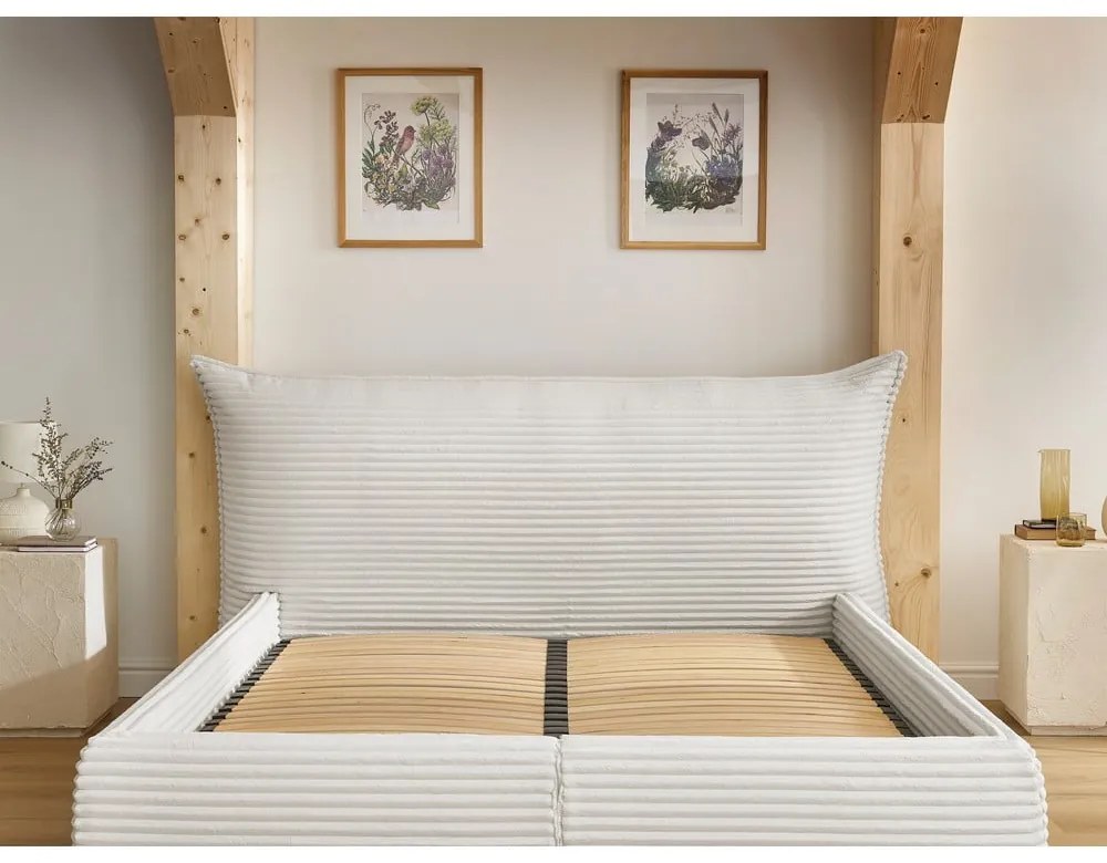 Pat matrimonial bej tapițat cu spațiu de depozitare cu somieră 180x200 cm Jade – Bobochic Paris