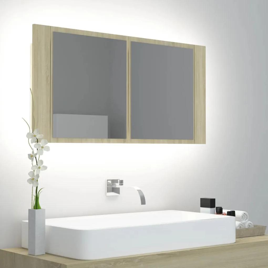 804975 vidaXL Dulap de baie cu oglindă și LED, stejar Sonoma, 90x12x45 cm