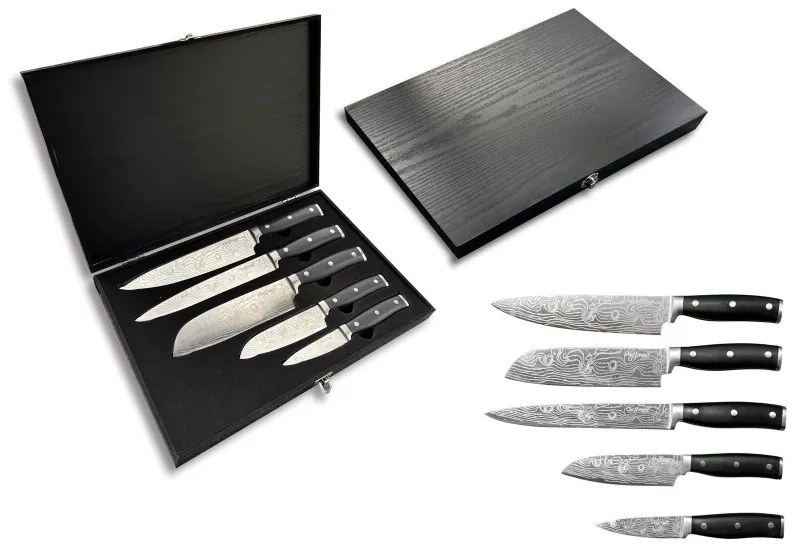 Set de cutite Cheffinger DAMA01, 5 piese, Oțel inoxidabil, Cutie din lemn, Maner ergonomic, Taiere precisa, Negru