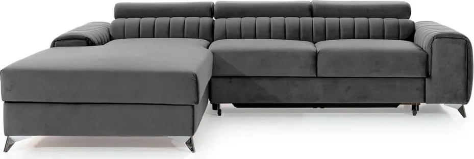 Colțar gri închis extensibil/cu spațiu de depozitare cu tapițerie din catifea (cu colț pe partea stângă/cu șezlong) Grayson – ELTAP