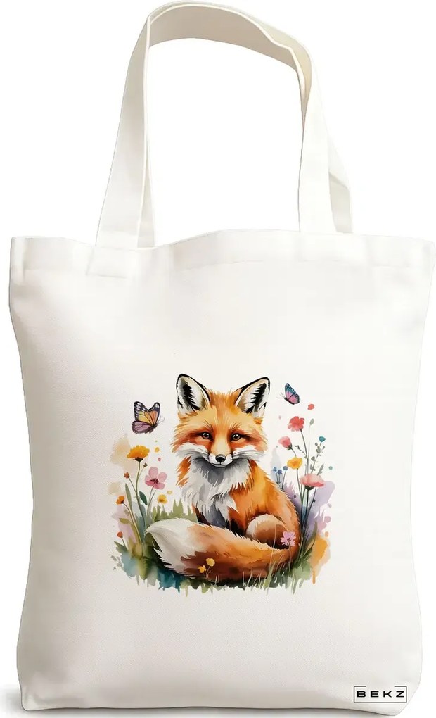 Sacosa de Panza pentru Cumparaturi, Geanta Tote, model Foxy and flowers 38 x 34.5 cm, Alba, BEKZ®