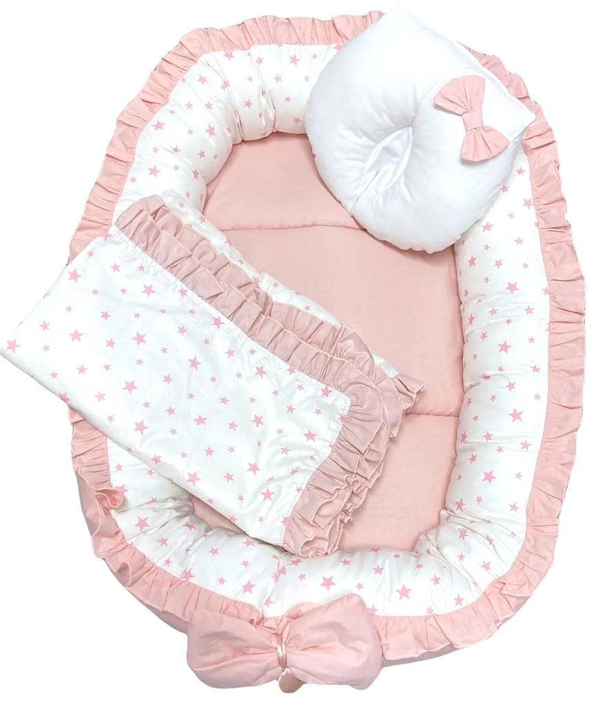 Set cuib baby nest bebelusi cu volanase Roz Pudra - stelute roz pe alb LUX by Deseda + păturica + pernuta