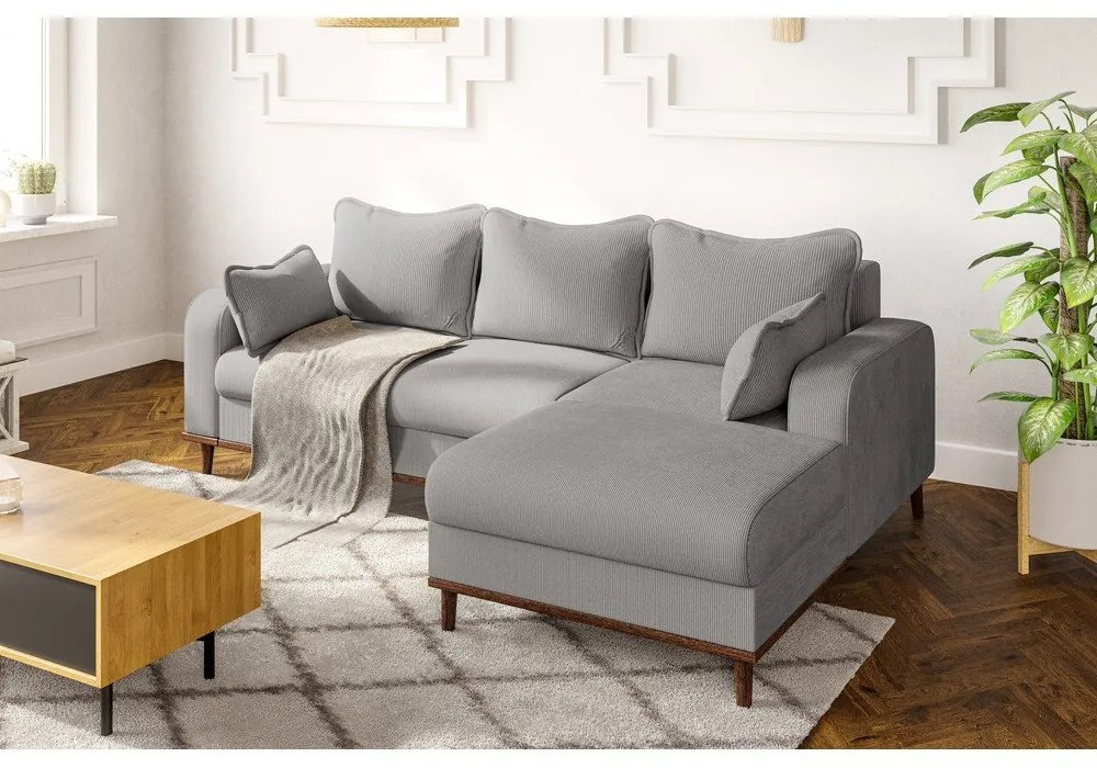 Colțar gri deschis cu tapițerie din catifea reiată (cu colț pe partea dreaptă) Beata – Ropez