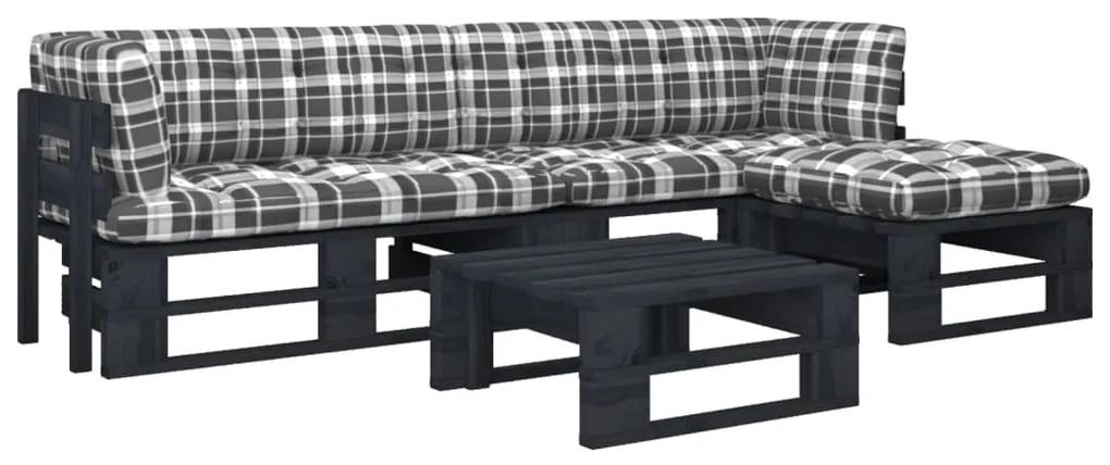 3066806 vidaXL Set mobilier paleți cu perne, 4 piese, negru, lemn pin tratat