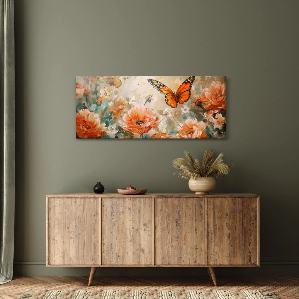 Tablou - Fluture și flori, pictură în ulei (120x50 cm)