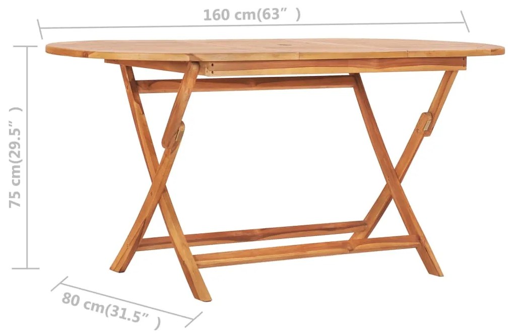 Set mobilier de exterior pliabil, 9 piese, lemn masiv de tec Oval, 160 x 80 x 75 cm, Cu cotiera  , 8