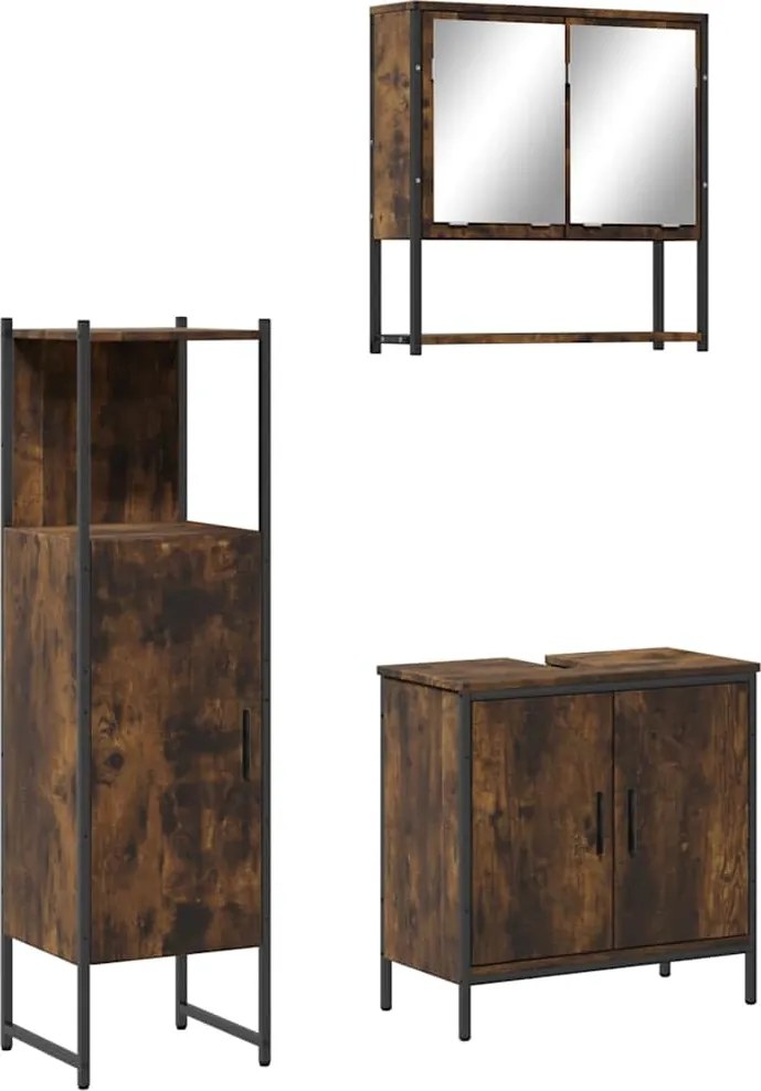 vidaXL Set mobilier de baie, 3 piese, stejar fumuriu, lemn prelucrat