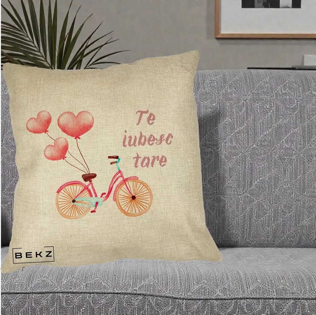 Perna Decorativa Te Iubesc Tare cu Bicicleta Roz si Baloane Inima, 40x40 cm, Crem, Husa Detasabila, Perna Inclusa, BEKZ®