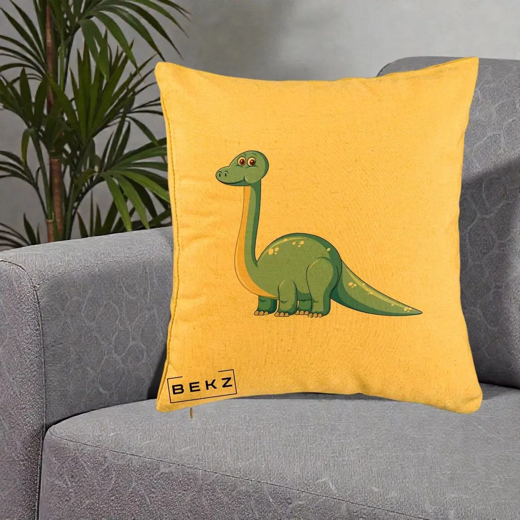 Perna Personalizata Brontosaur Albastru, 40x40 cm, Galben, Husa Detasabila, Perna Inclusa, BEKZ®