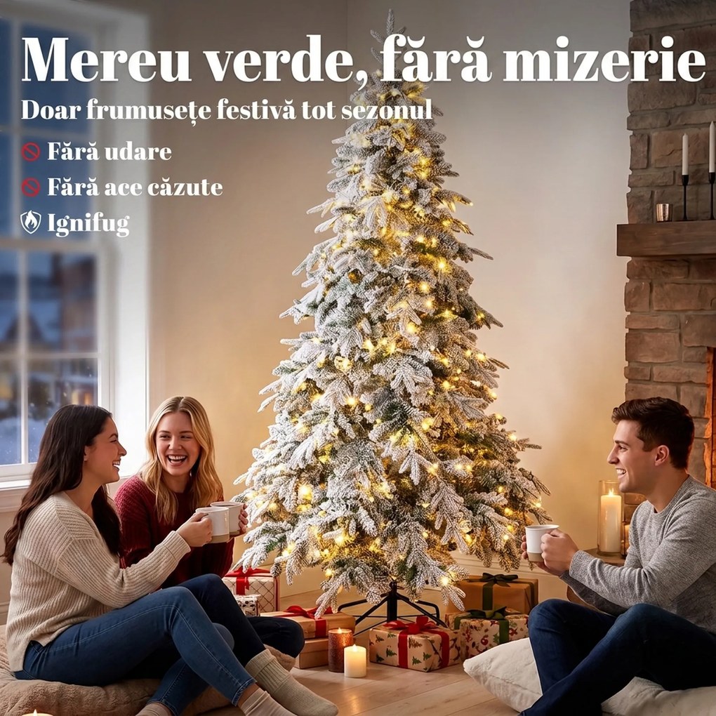 HOMCOM Brad de Crăciun Înzăpezit 180 cm cu 350 de Lumini LED Alb Cald, Timer, Telecomandă, 8 Modalități, 740 de Ramuri Ignifuge | Aosom Romania