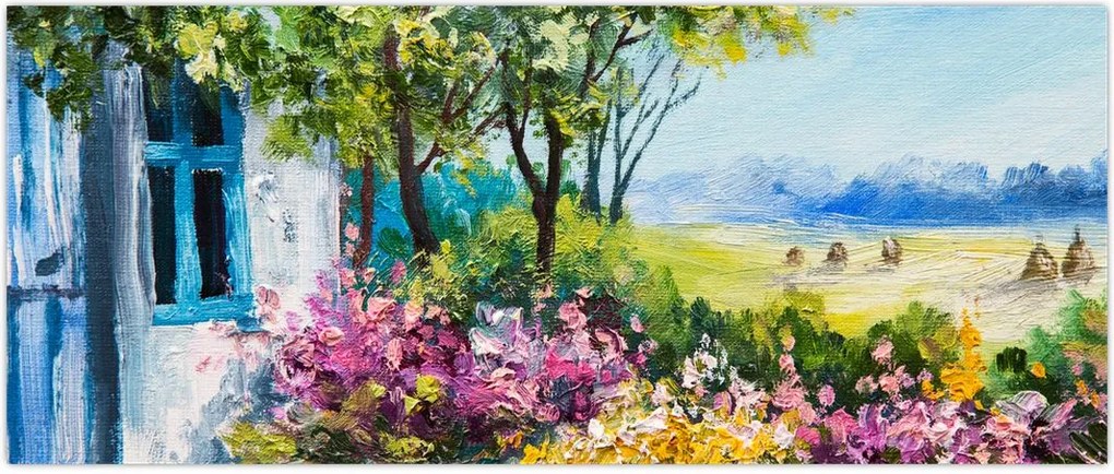Tablou - Grădina din fața casei, pictură în ulei (120x50 cm)