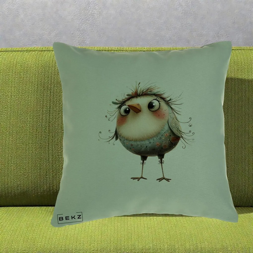 Perna Decorativa Pasare cu Penaj Zbarlit si Gene, 40x40 cm, Verde, Husa Detasabila, Perna Inclusa, BEKZ®