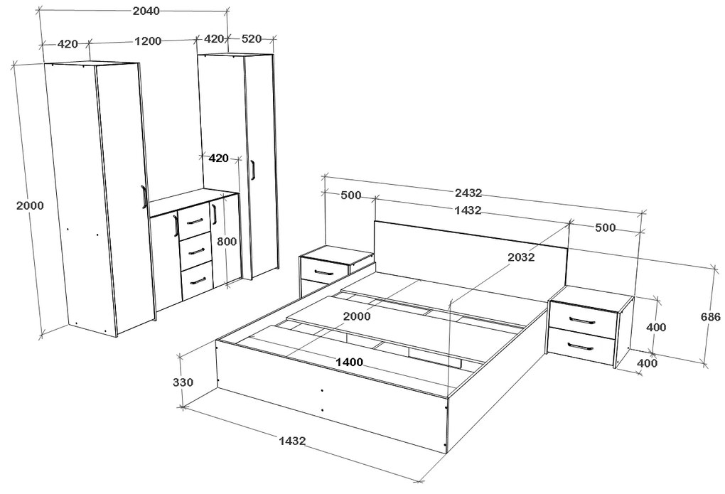 Set dormitor Malmo V5, Pat 200 x 140 cm, Stejar Alb/Antracit