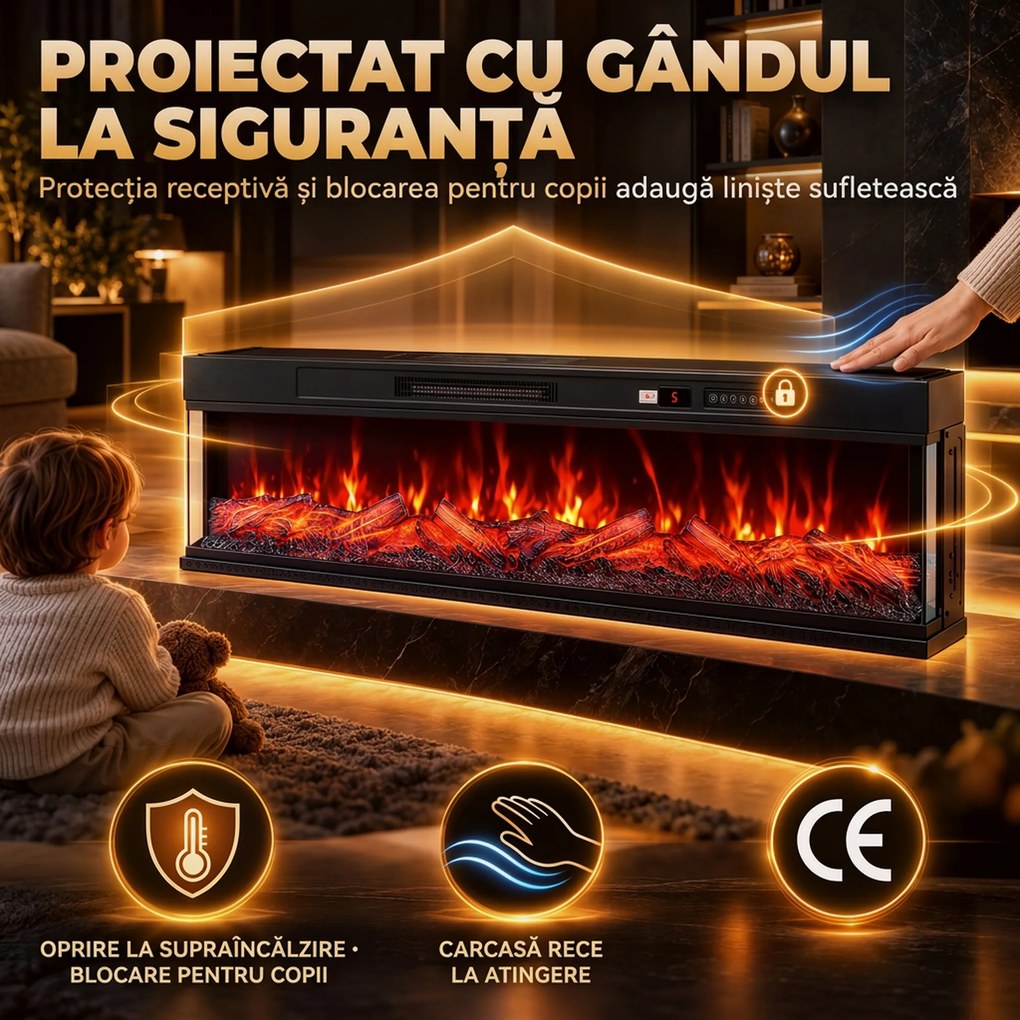 HOMCOM Șemineu electric de podea/încorporabil, pe 3 laturi, cu telecomandă, 750/1500 W, efect flacără 3D, 12 culori, 5 niveluri de luminozitate | Aosom Romania