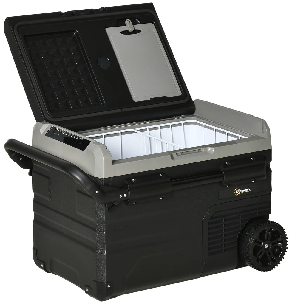 Outsunny Frigider Auto 40L cu Iluminare LED Compresor Frigider Portabil cu Mânere Role de Transport Barcă Călătorii 12/24V DC și 110-240V AC Gri+Negru | Aosom Romania