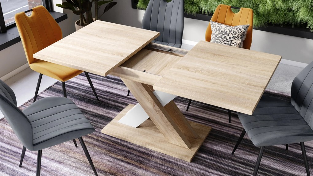 Mazzoni KARO Stejar Sonoma/Alb Mat – MASĂ/MĂSUȚĂ DE CAFEA MODERNĂ CU BLAT EXTENSIBIL până la 180 cm