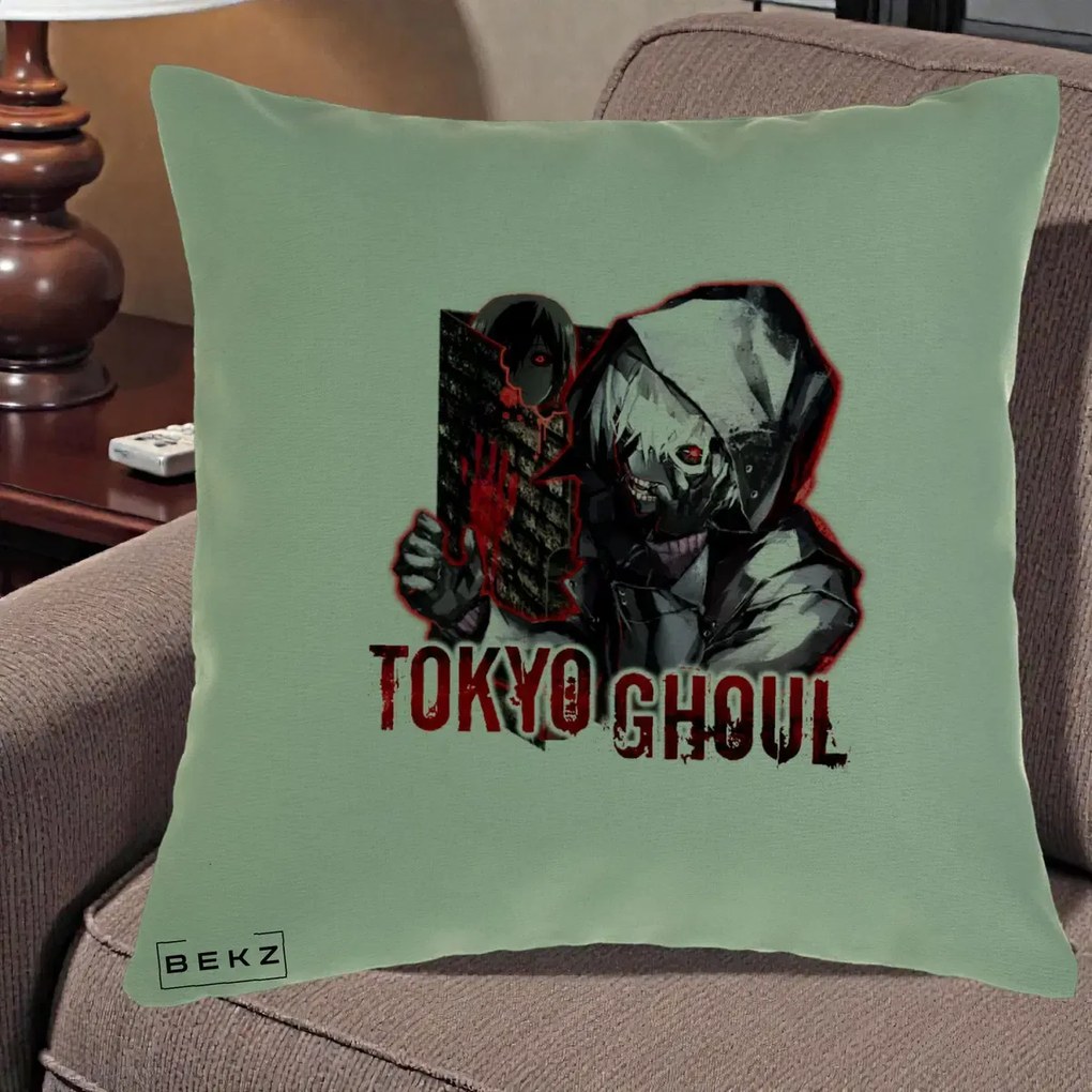Perna Personalizata Tokyo Ghoul Ken Kaneki Anime, 40x40 cm, Verde, Husa Detasabila, Perna Inclusa, BEKZ®